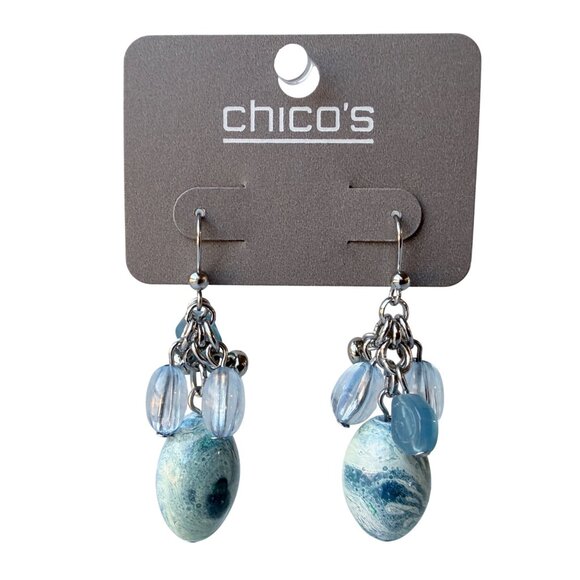 Vintage Chico’s Y2K Dangle Earrings Blue Beads Silver Tone Cluster Ocean Beachy - Picture 2 of 9